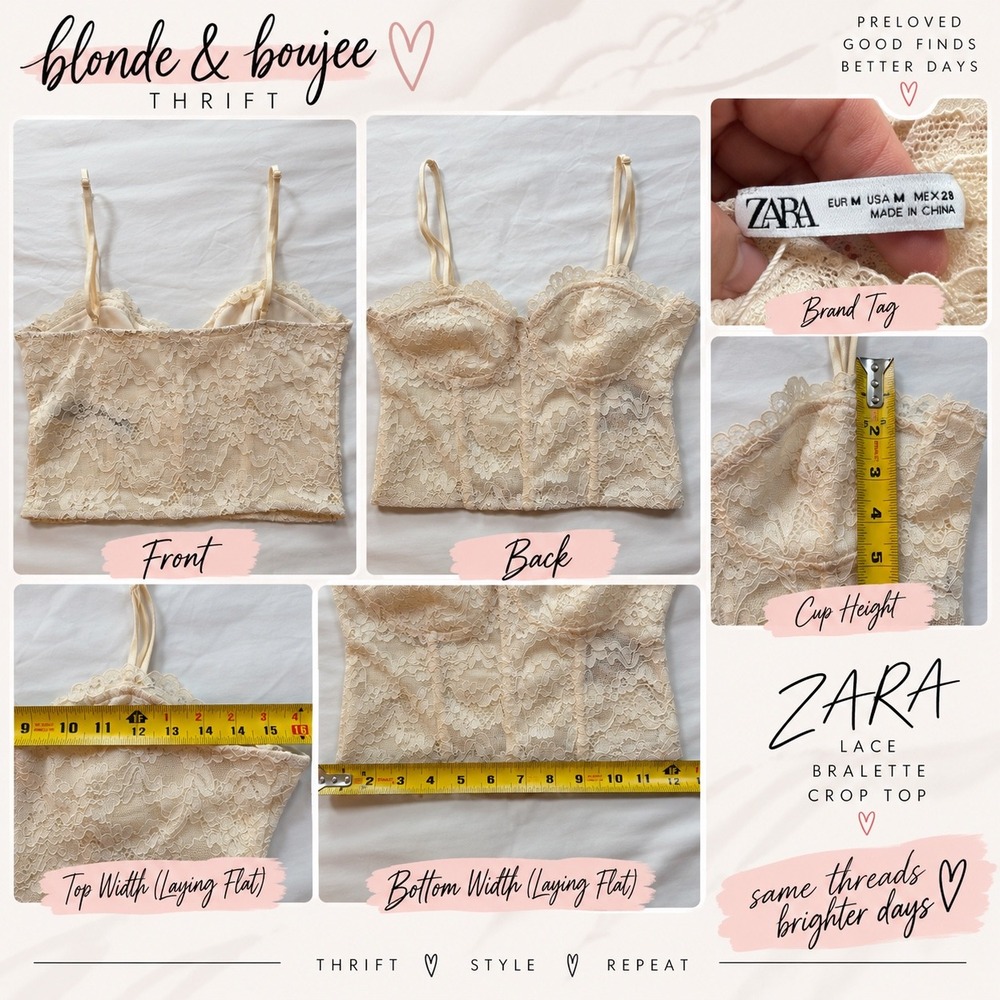 Zara Lace Bralette Crop Top Cream Floral Corset Style Adjustable Straps Medium